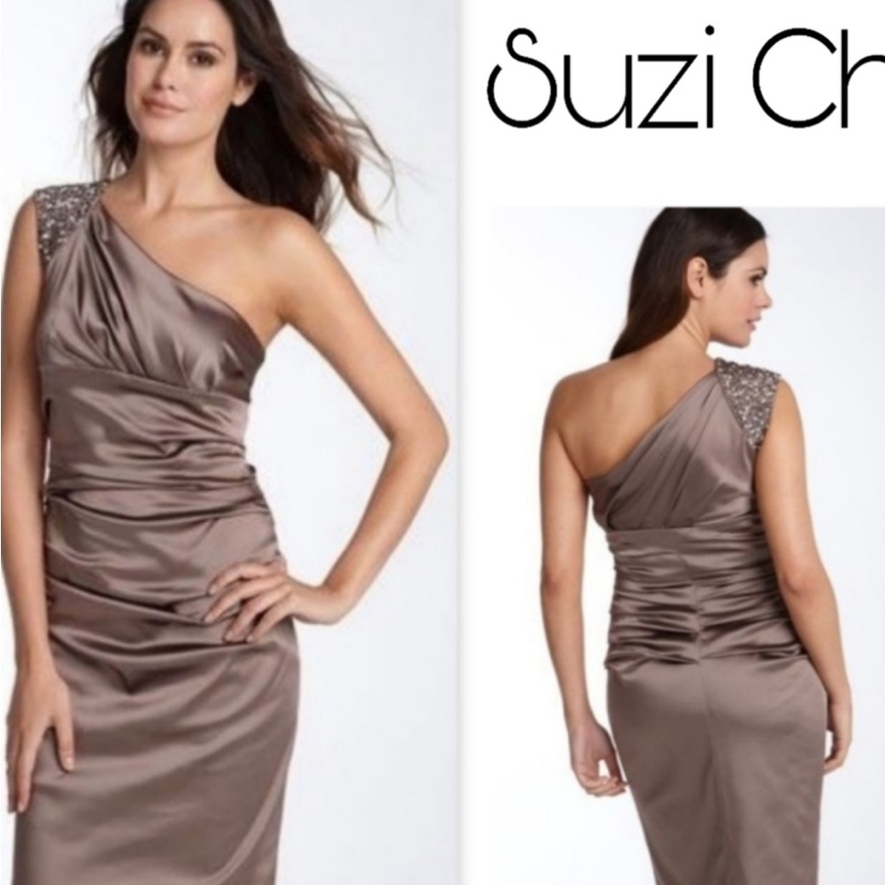 Suzi Chin Tan One-Shoulder Sheath Dress for Cocktail EUC